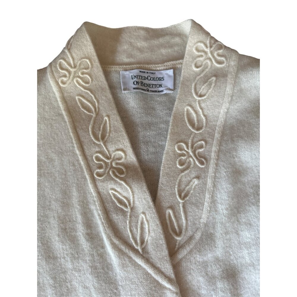 United Colors Of Benetton Cream Cardigan‎ Embroidered Collar Angora Wool Preppy - Picture 2 of 6